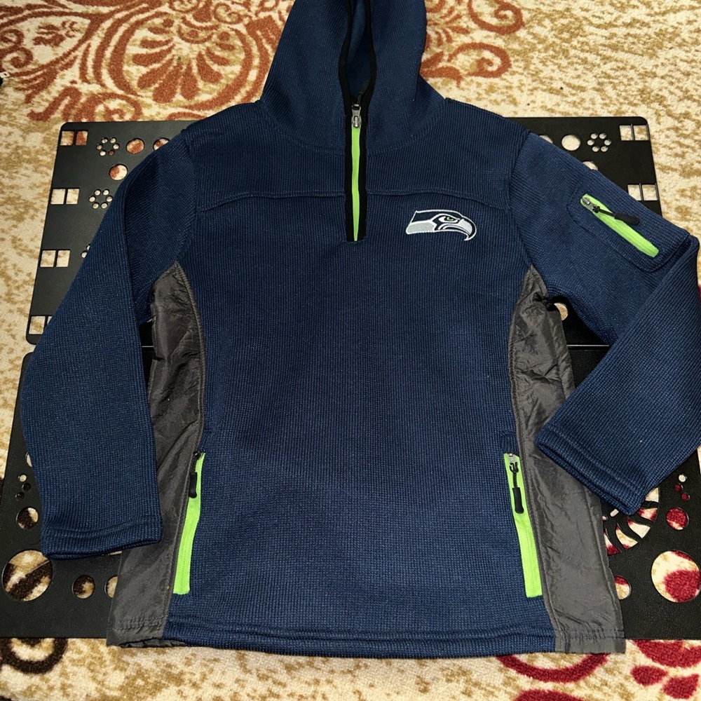 NFL Kids Navy and Gray Seattle Seahawks quarter zip sweater with Neon Accents